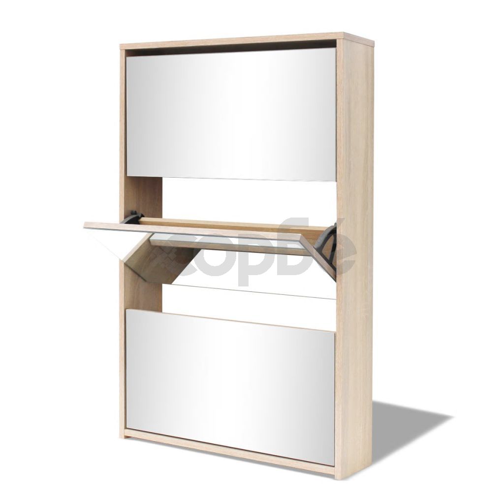 Шкаф за обувки с тройно огледало, дъб, 63x17x102.5 cм