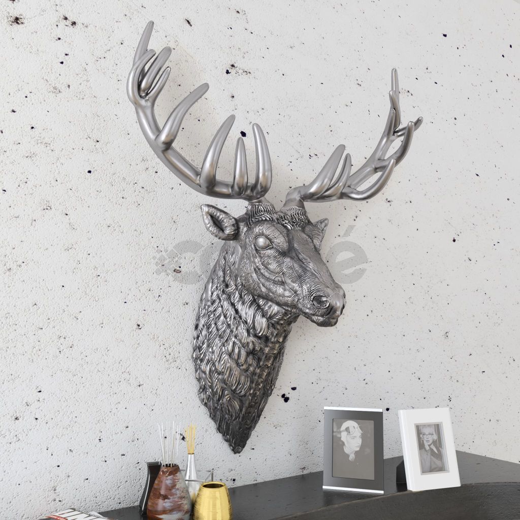 Декоративна глава на елен, монтаж на стена, алуминий, сребрист