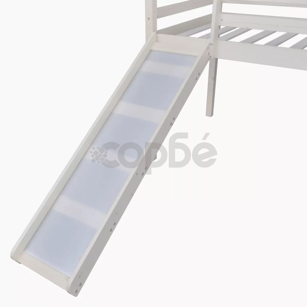 Детско легло, второ ниво с пързалка и стълба, дърво, черно/бяло 