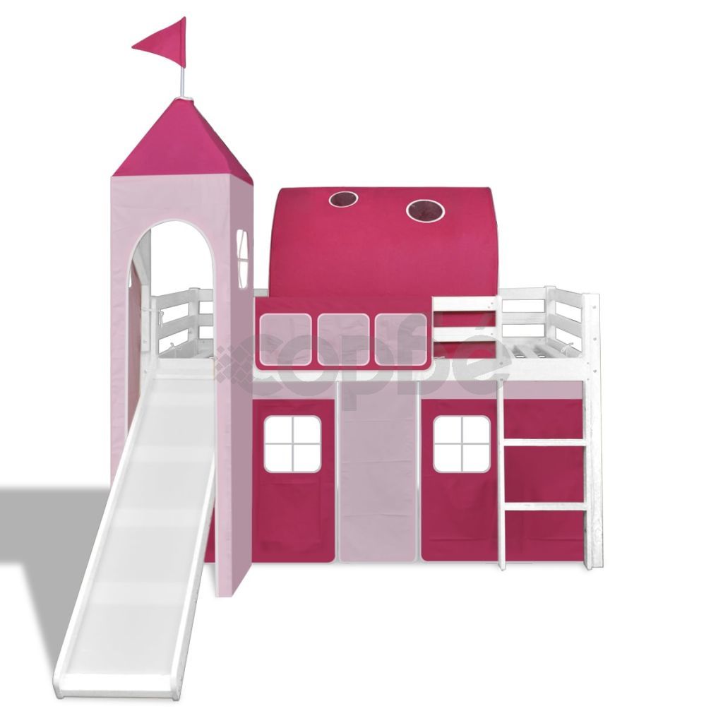 Детско легло, с пързалка и стълба, дърво, розово 