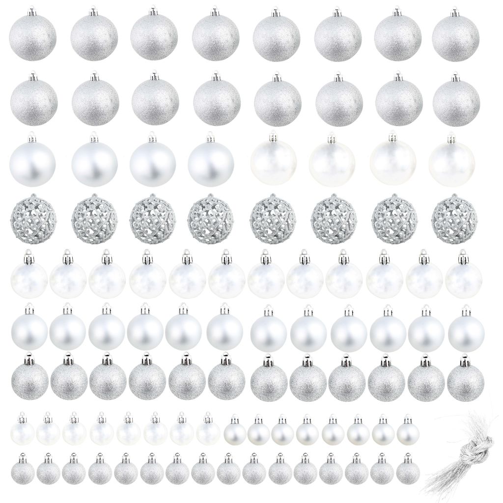 Комплект коледни топки от 100 части, 3/4/6 см, сребро