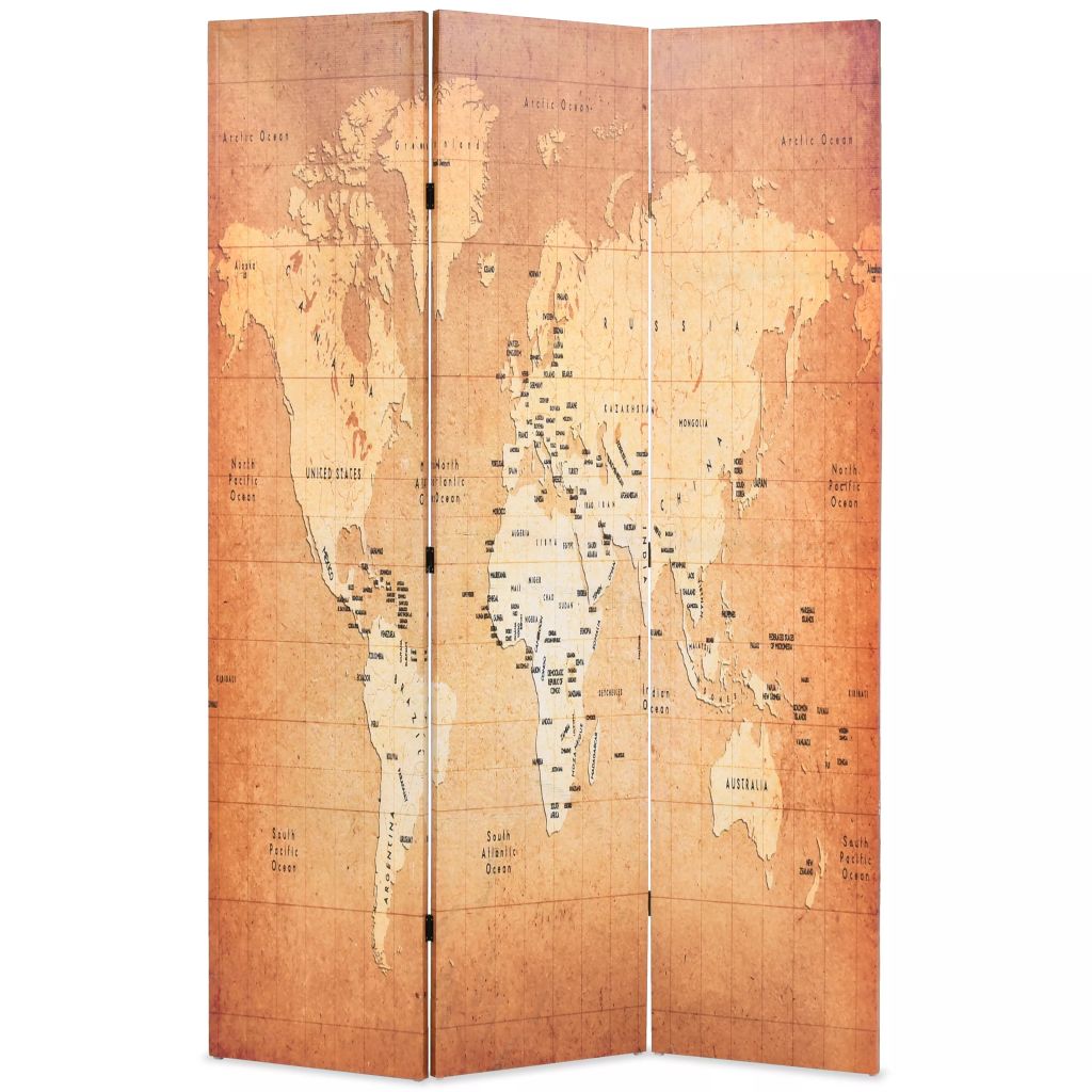 Сгъваем параван за стая, 120x170 см, карта на света, жълт