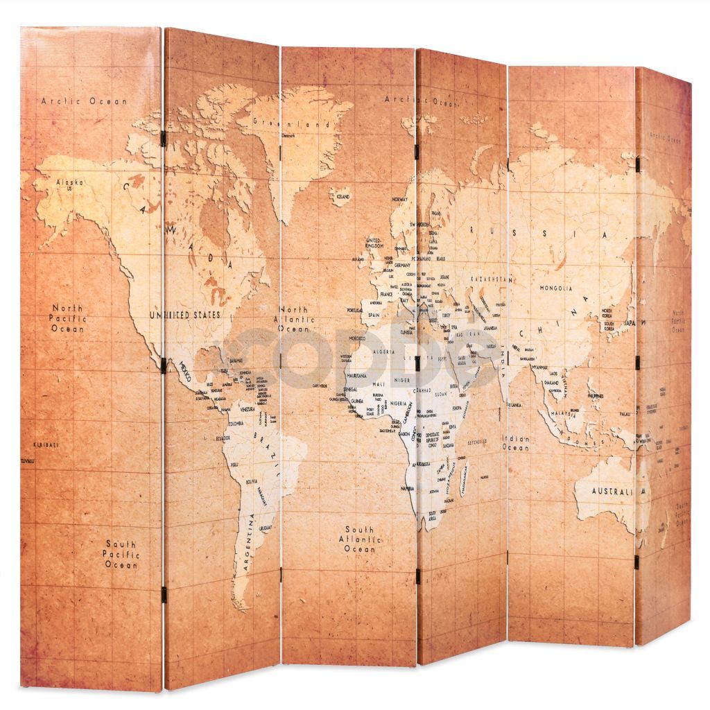 Сгъваем параван за стая, 228x170 см, карта на света, жълт