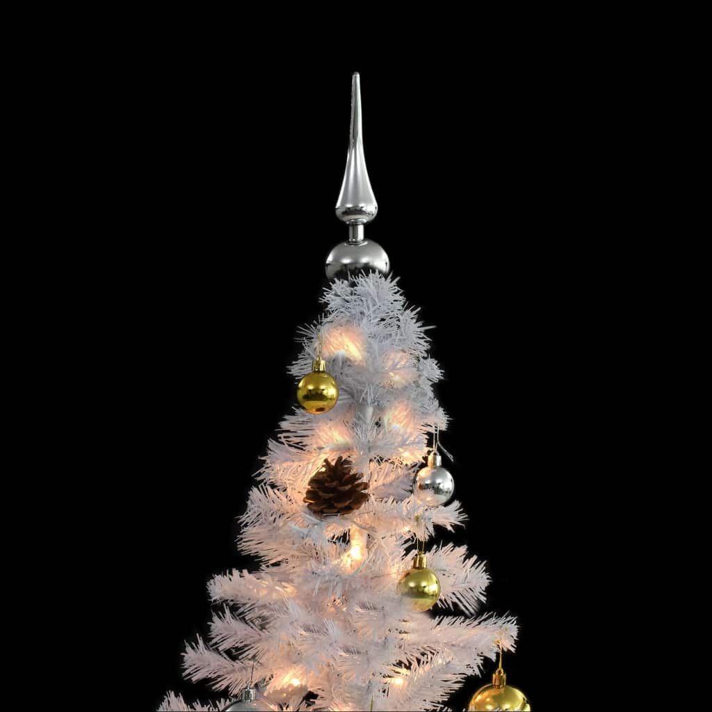 Изкуствена елха, украсена с играчки и LED лампи, 180 см, бяла