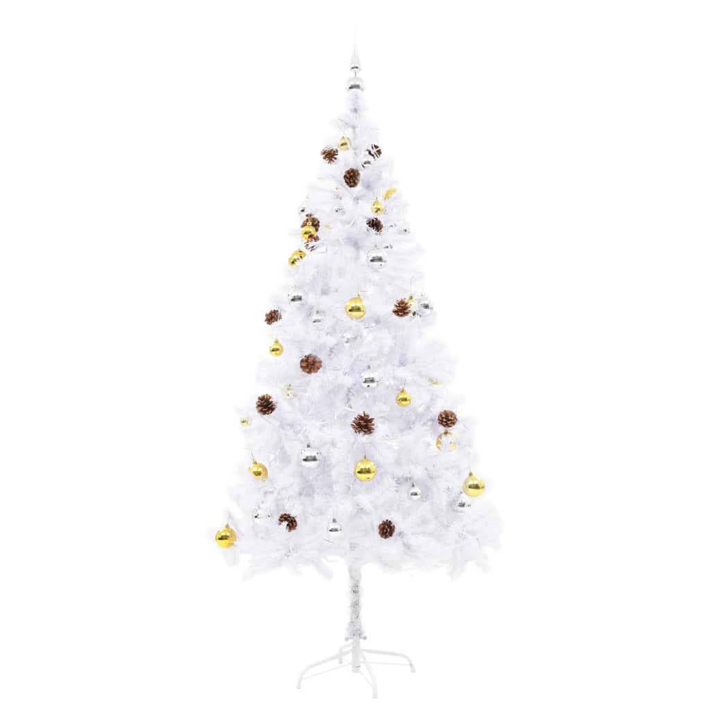 Изкуствена елха, украсена с играчки и LED лампи, 180 см, бяла