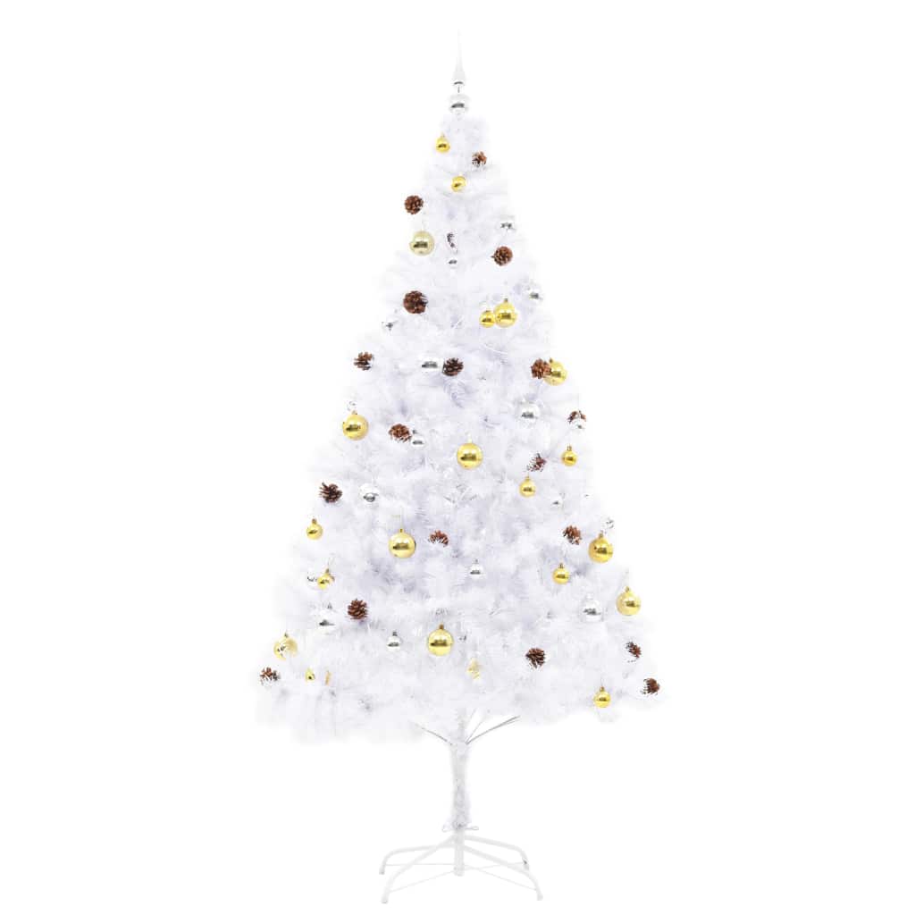Изкуствена елха, украсена с играчки и LED лампи, 210 см, бяла
