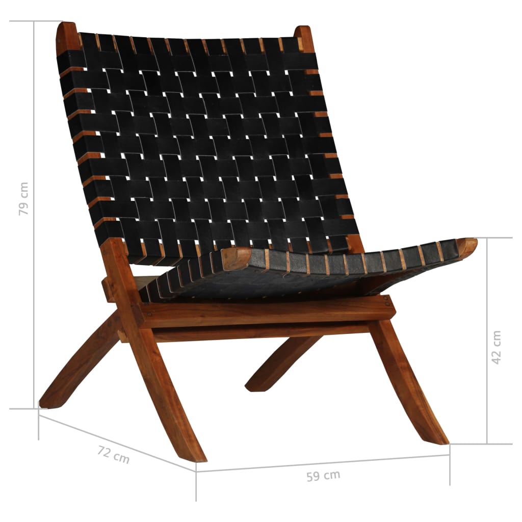 Сгъваем стол, кръстосани ивици, черен, естествена кожа
