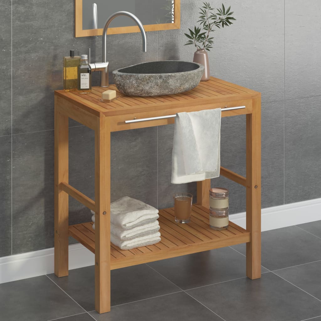 Шкаф за баня от тиково дърво масив с мивка от речен камък