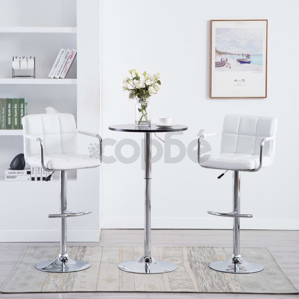 Бар столове с подлакътници, 2 бр, бели, изкуствена кожа