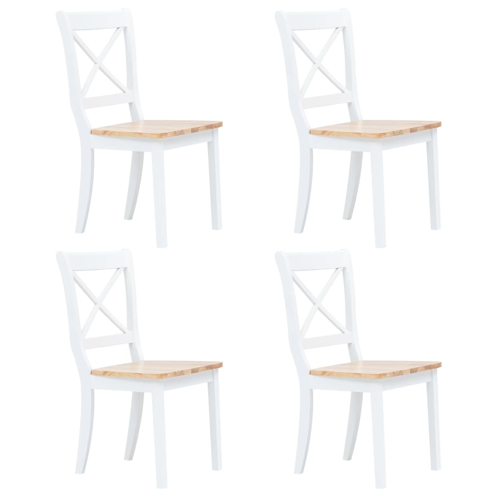 Трапезни столове, 4 бр, бяло и светло дърво, каучук масив