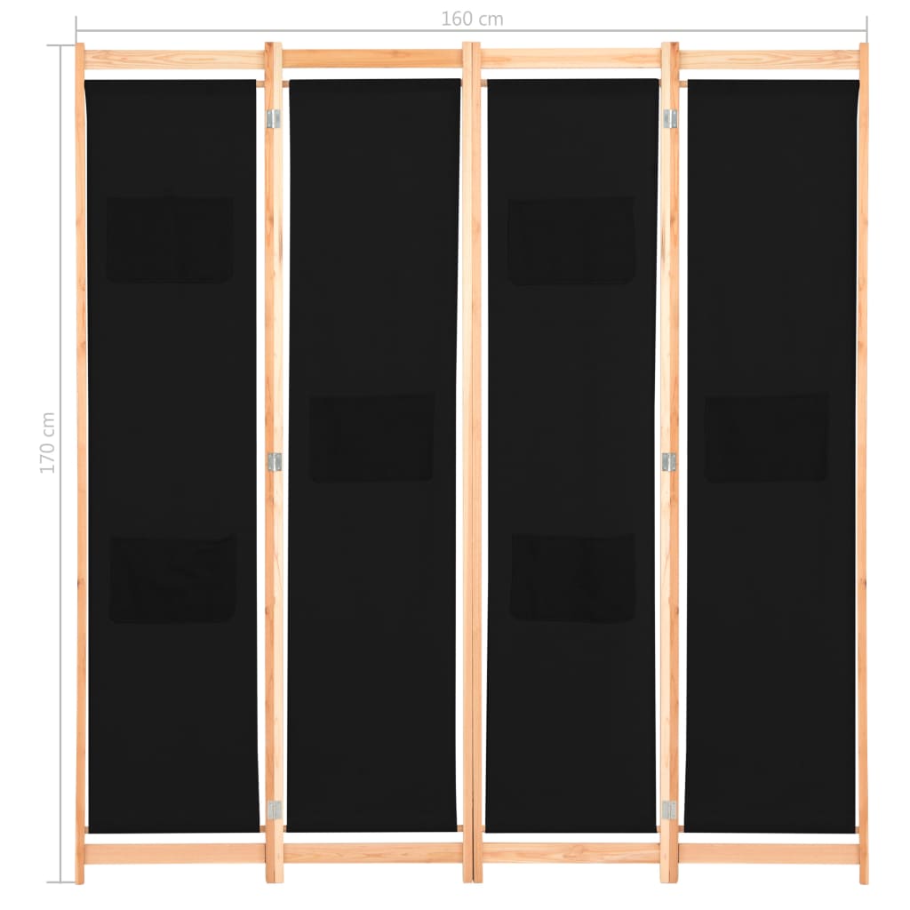 Параван за стая, 4 панела, черен, 160x170x4 cм, текстил
