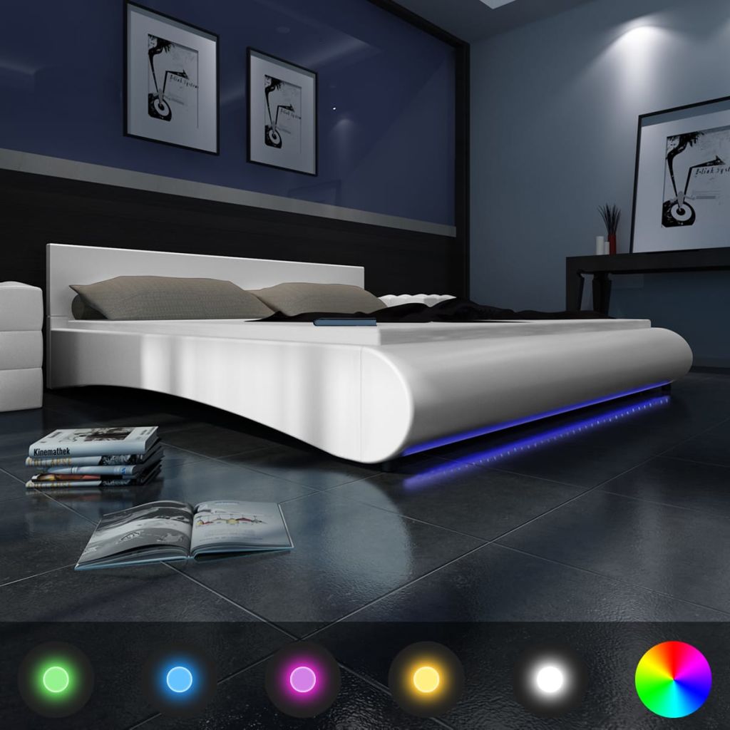 Легло с матрак, LED, бяло, изкуствена кожа, 180x200 см