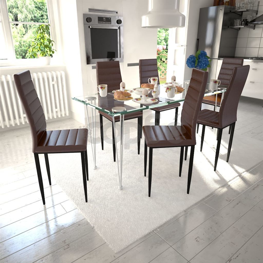 Трапезен комплект 6 кафяви стола Slim Line и 1 маса със стъклен плот