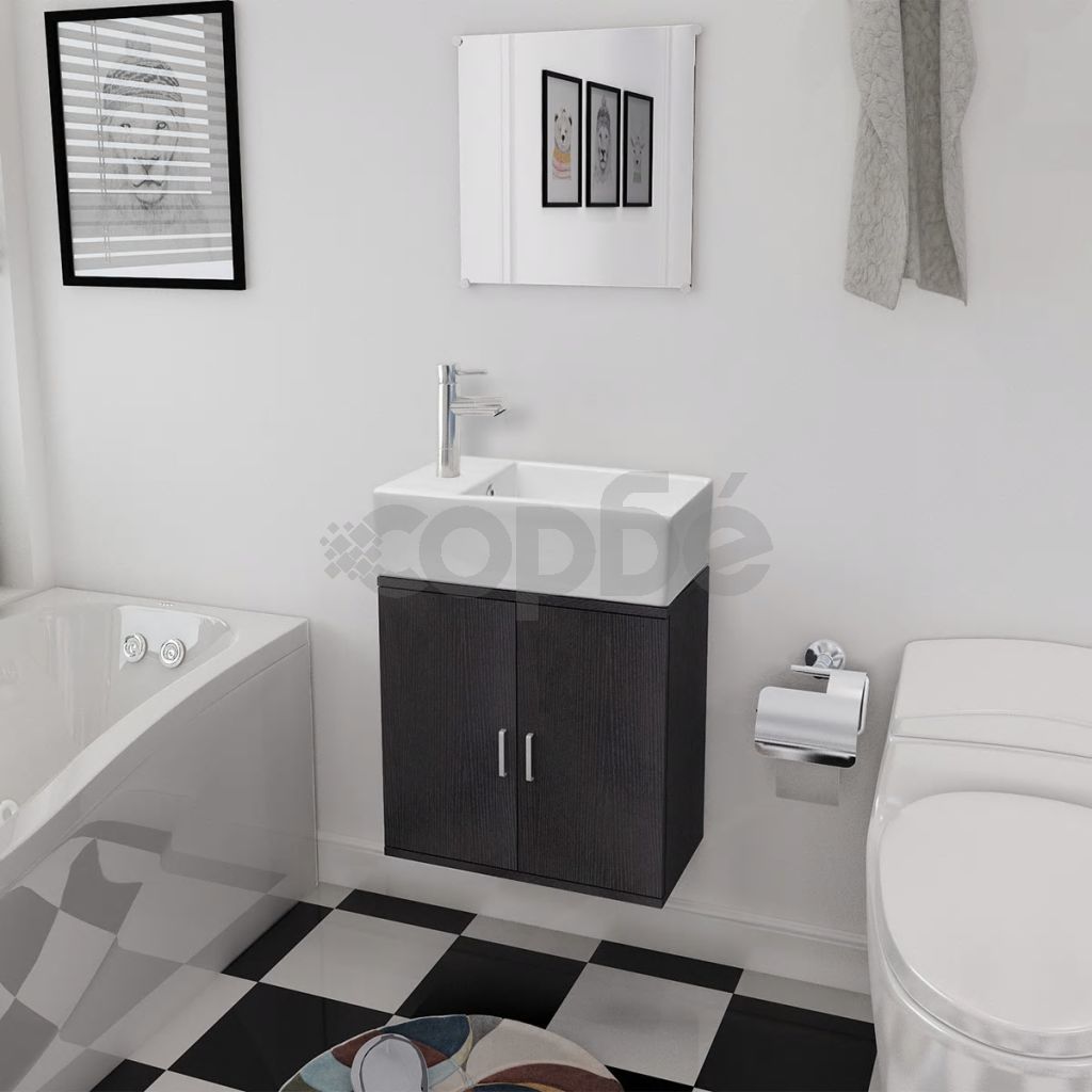 Комплект мебели за баня от 3 части и мивка, черен цвят 