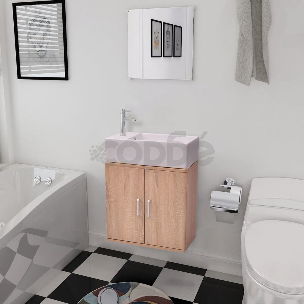 Комплект мебели за баня от 3 части и мивка, бежов цвят 