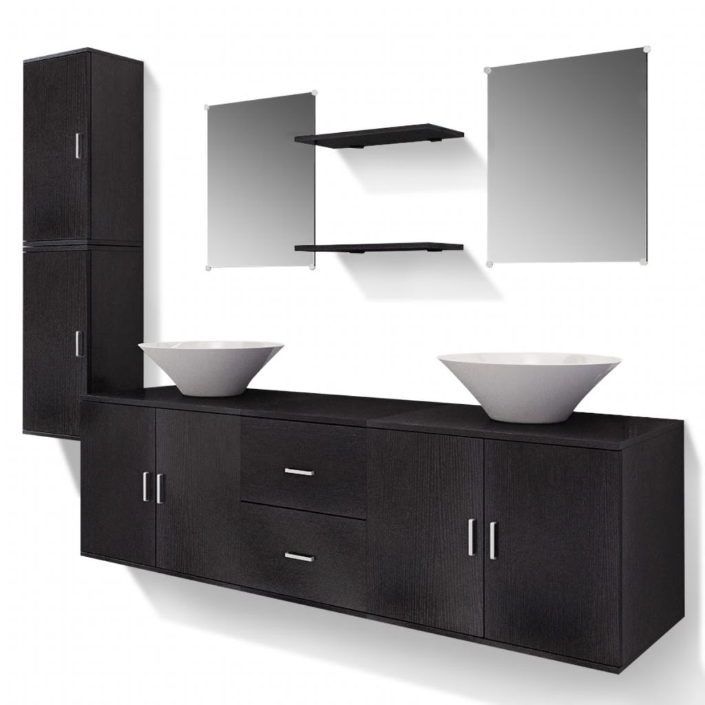 комплект мебели от 9 части и мивка за баня, черен цвят
