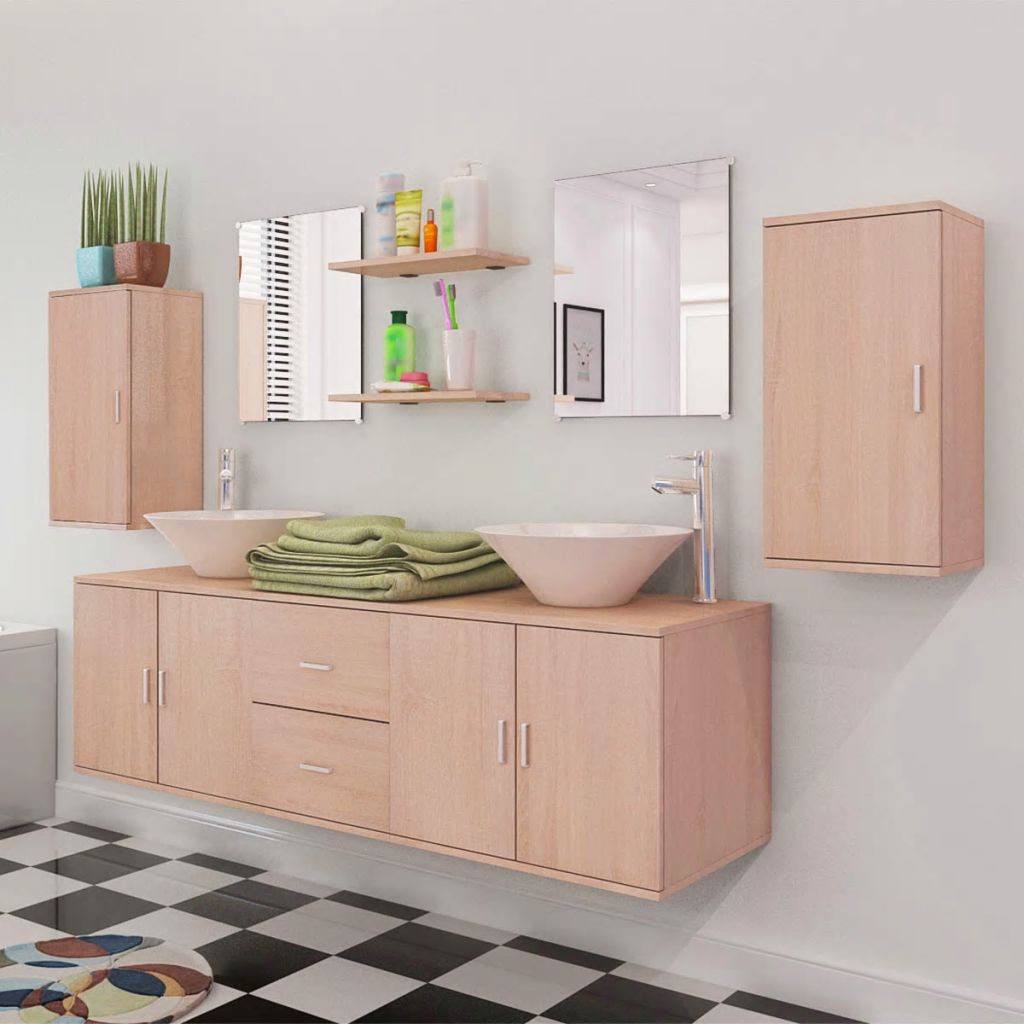 комплект мебели от 9 части и мивка за баня, бежов цвят