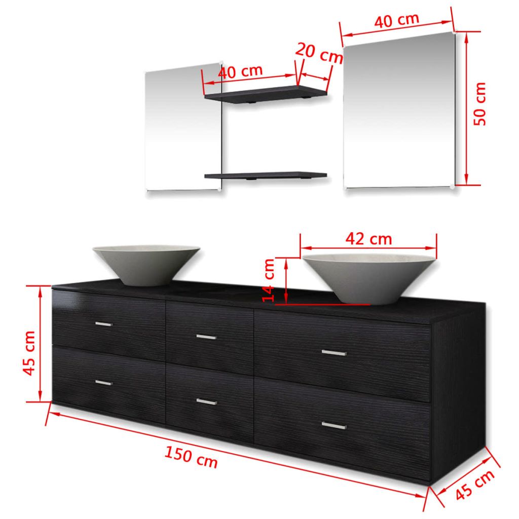 Комплект мебели за баня от 7 части и мивка, черен цвят