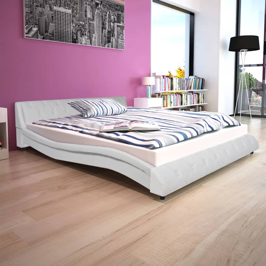 Легло с мемори матрак, бяло, изкуствена кожа, 160x200 cм