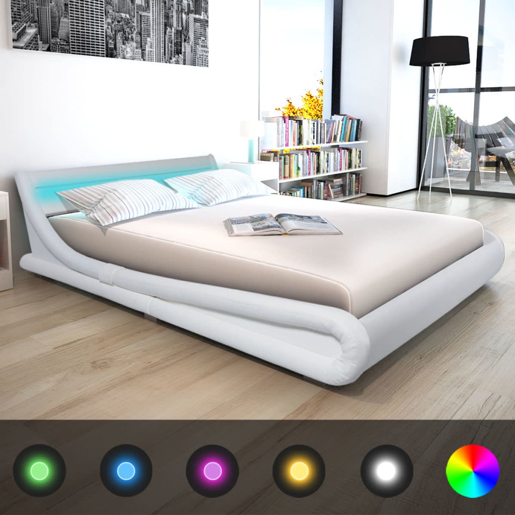 Легло с мемори матрак, LED, бяло, изкуствена кожа, 160x200 cм