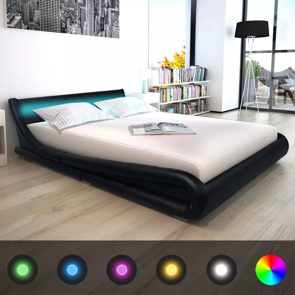 Легло с матрак, LED, черно, изкуствена кожа, 160x200 cм