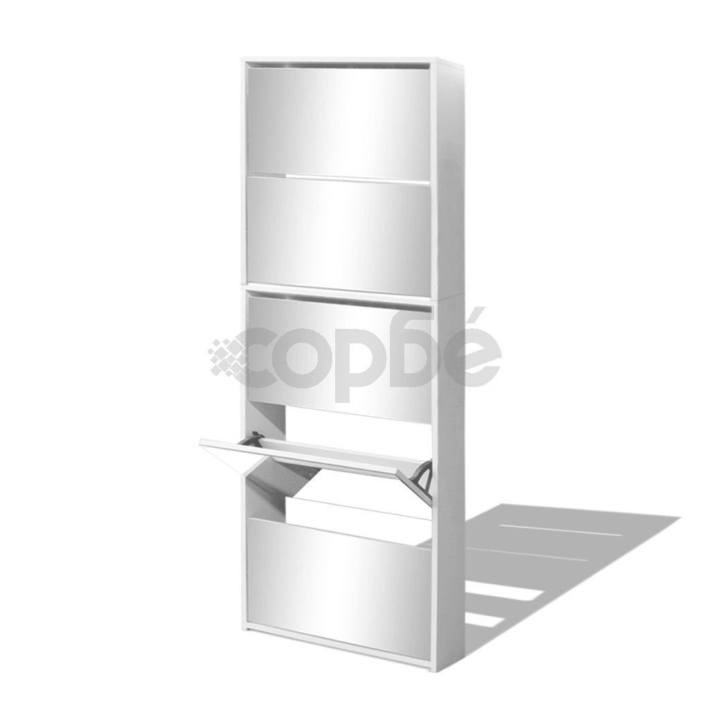 Шкаф за обувки с петорно огледало, бял, 63x17x169,5 cм