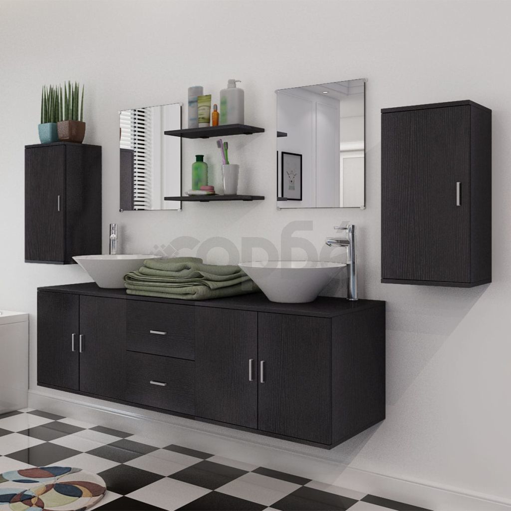 комплект мебели от 11 части и мивка за баня, черен цвят