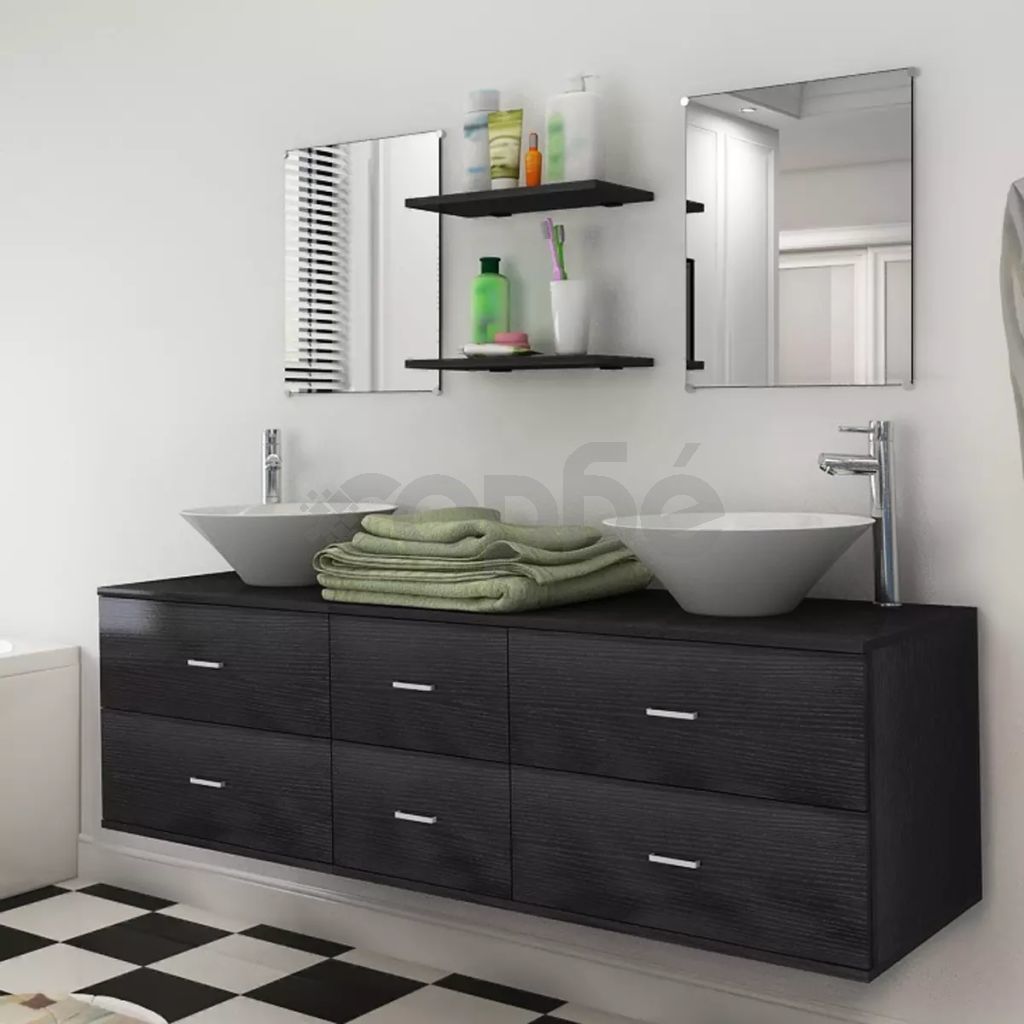 Комплект мебели за баня от девет части с мивка и смесител черен