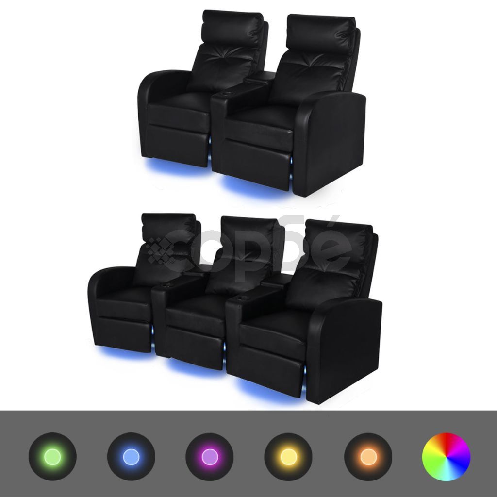Комплект LED реклайнери 2 + 3 седалки, изкуствена кожа, черно  