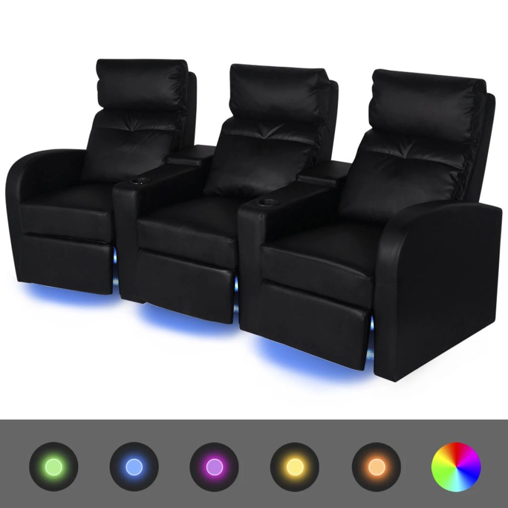 Комплект LED реклайнери 2 + 3 седалки, изкуствена кожа, черно 