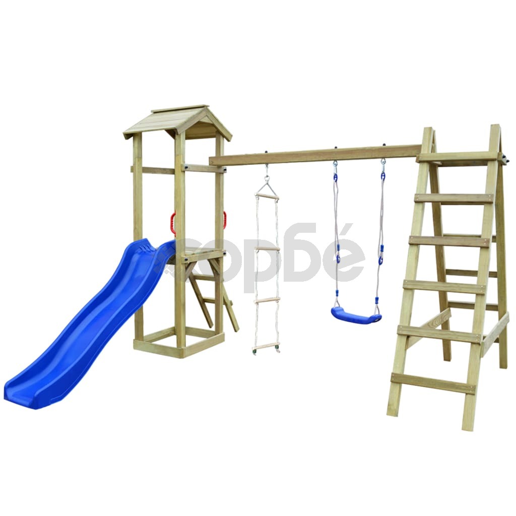 Детско съоръжение пързалка стълби и люлка 286x237x218 см дърво