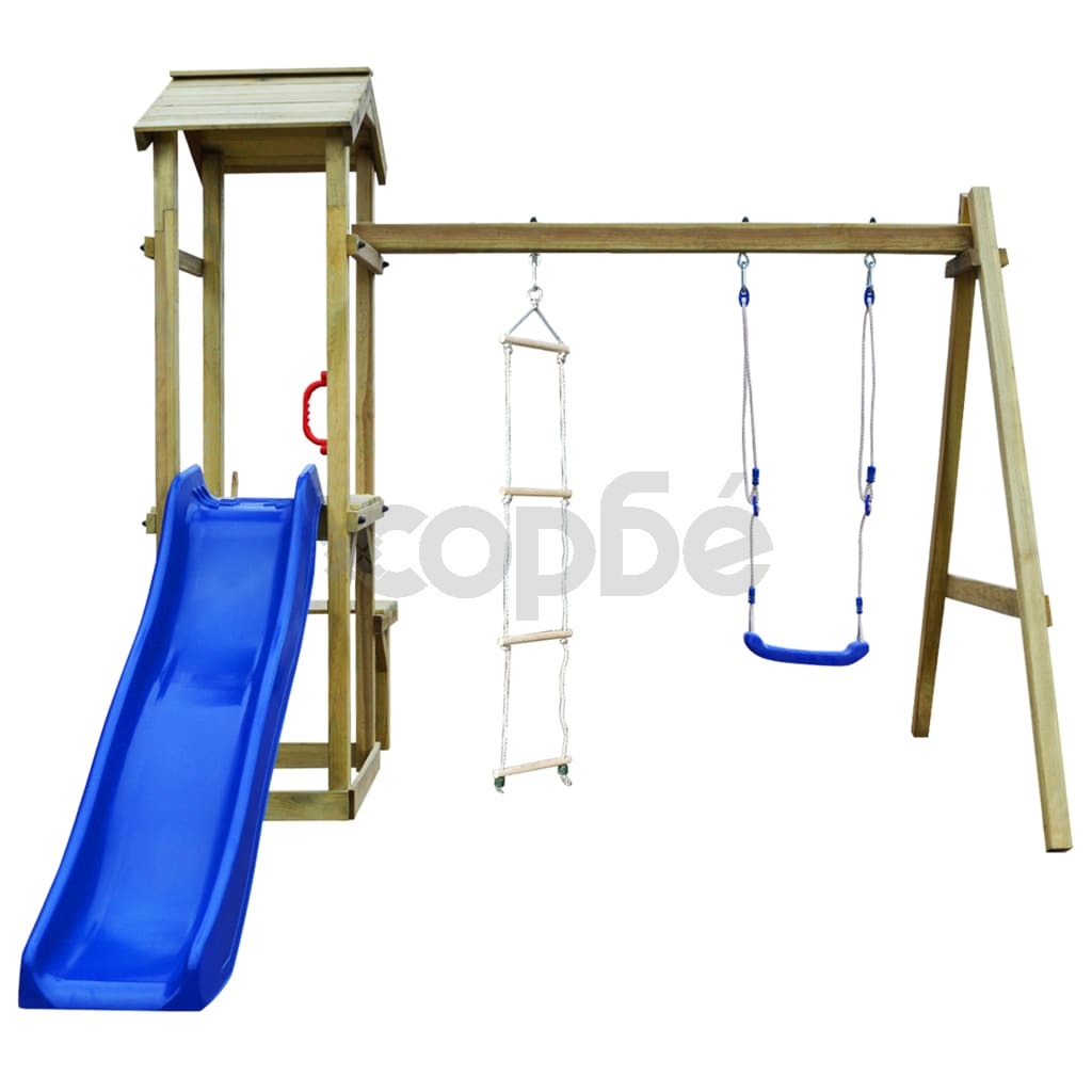 Детско съоръжение с пързалка и люлка, 238x228x218 см, дърво