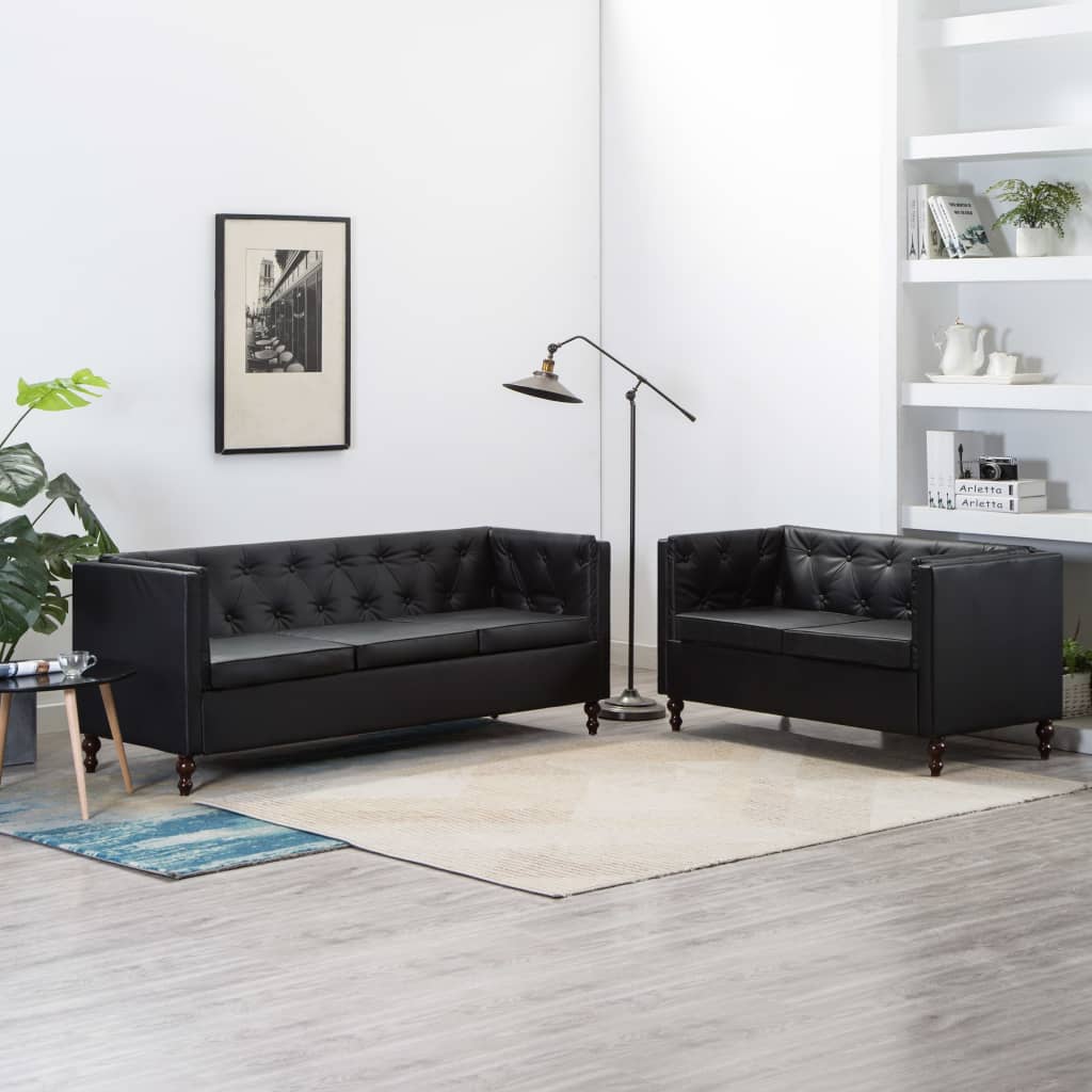 Комплект мека мебел от 2 части, изкуствена кожа, черен