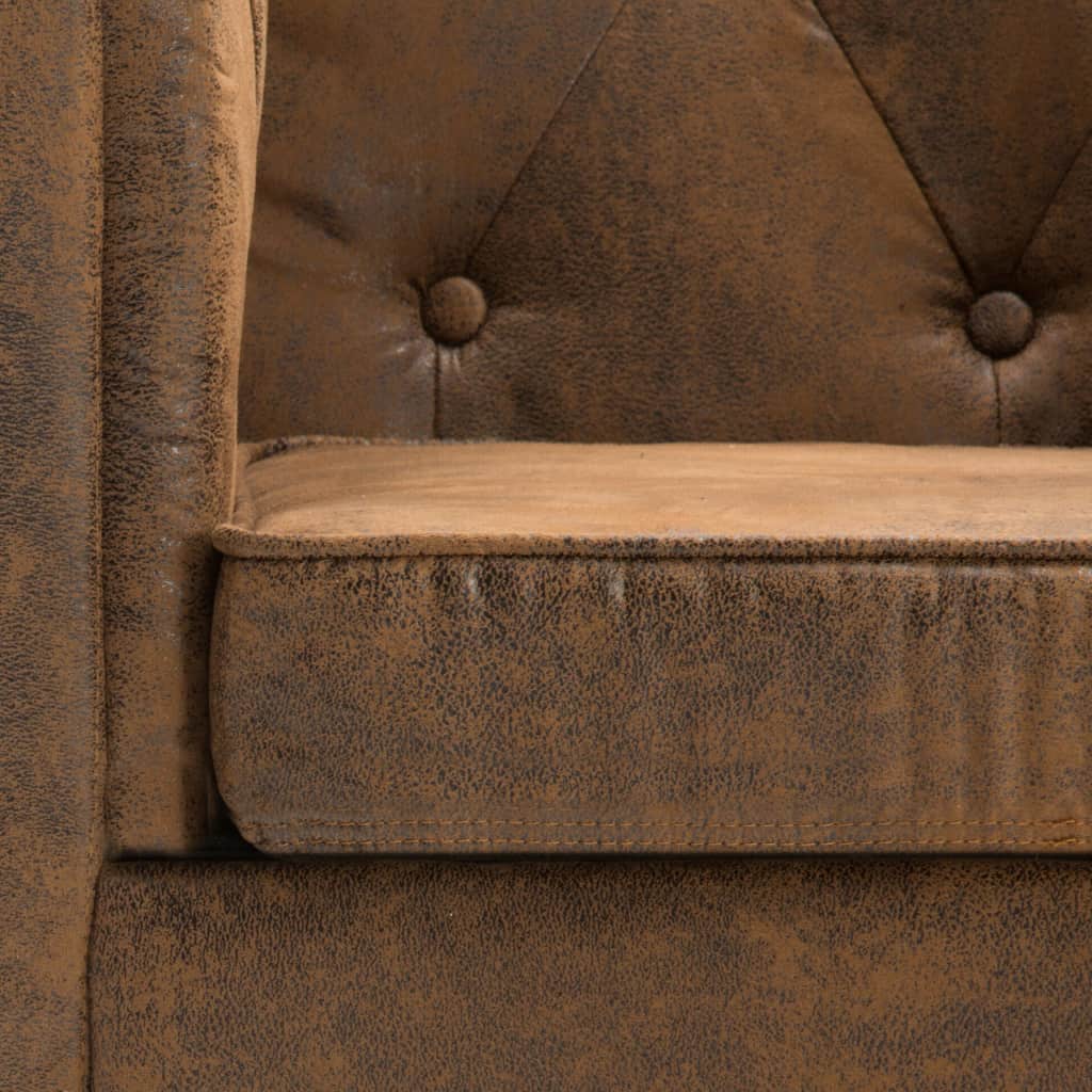 Комплект 3 бр Честърфийлд дивани, кафяв текстил с вид на велур