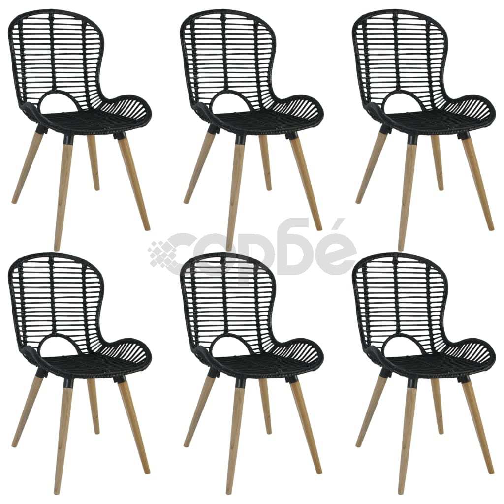 Трапезни столове, 6 бр, черни, естествен ратан