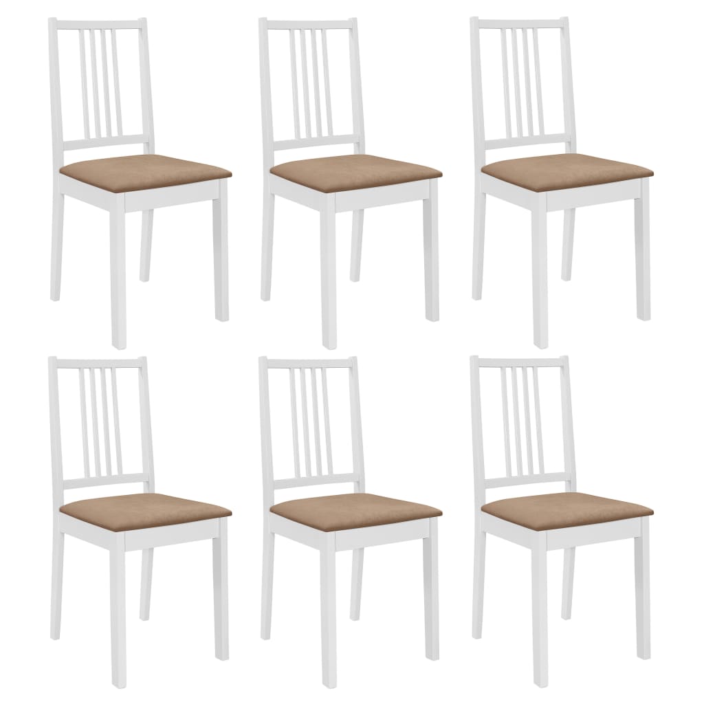 Трапезни столове с тапицерия, 6 бр, бели, масивна дървесина 