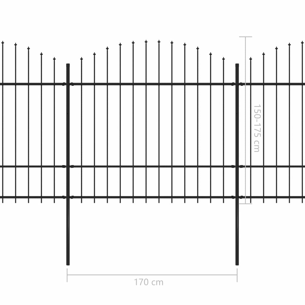 Градинска ограда с пики, стомана, (1,5-1,75)x3,4 м, черна