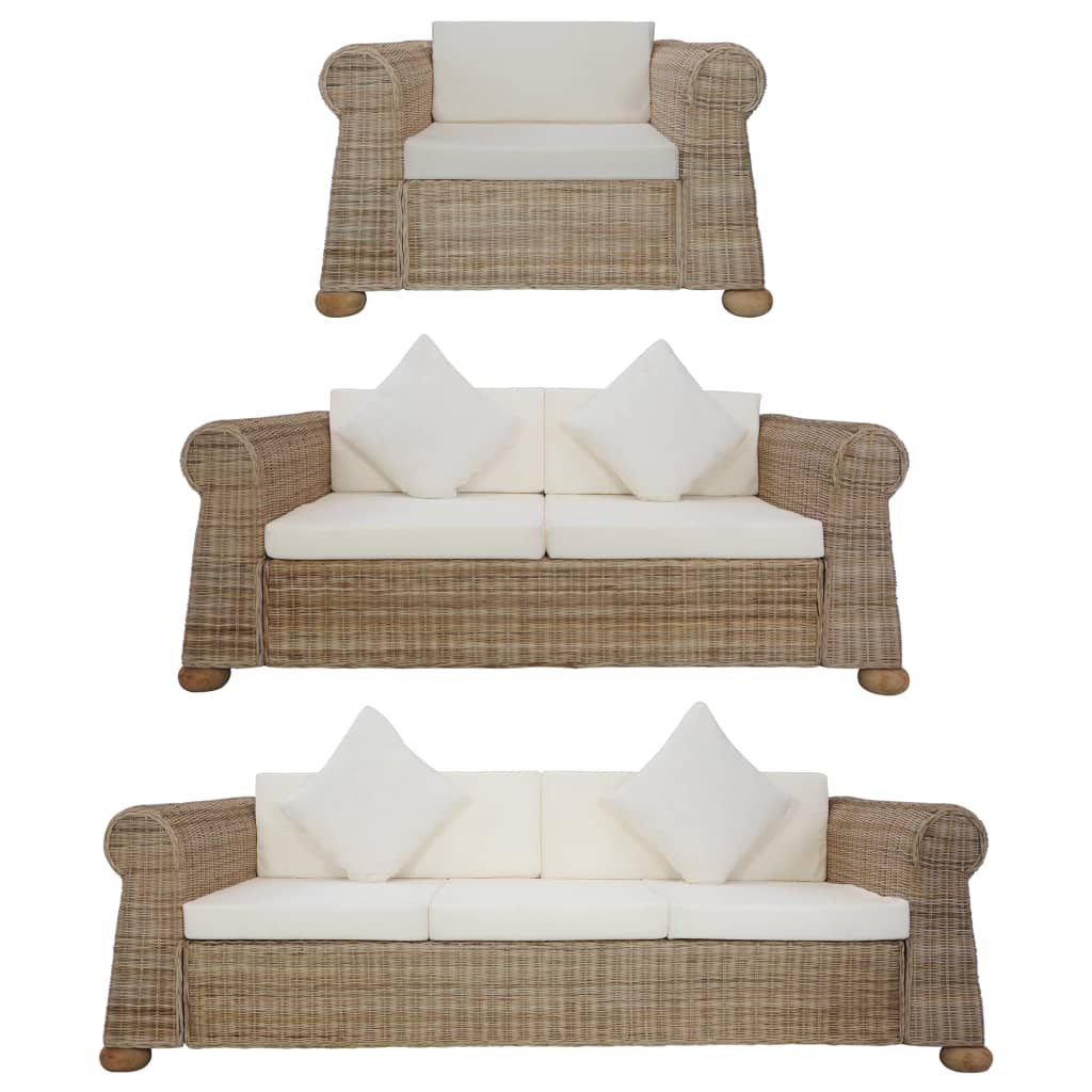 Комплект мека мебел от 3 части, с възглавници, естествен ратан