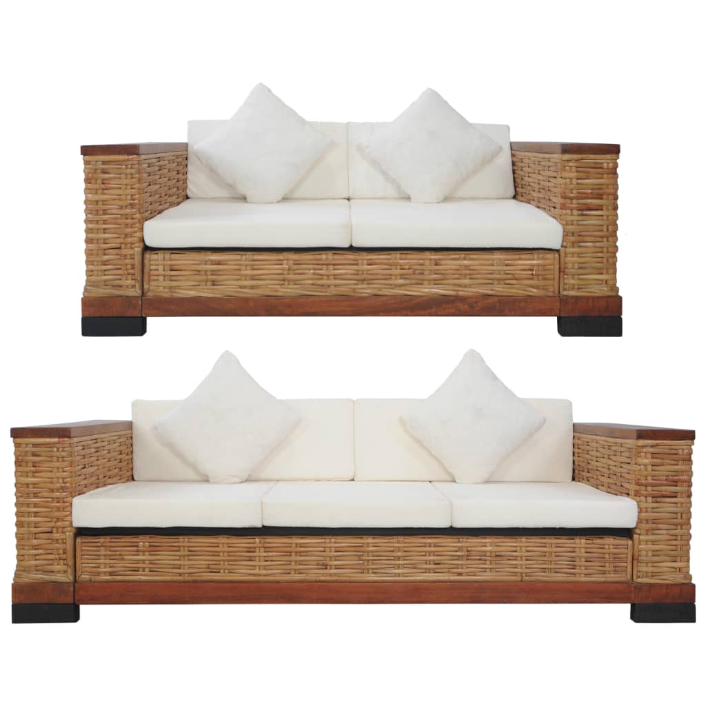 Комплект дивани с възглавници, 2 части, кафяви, естествен ратан