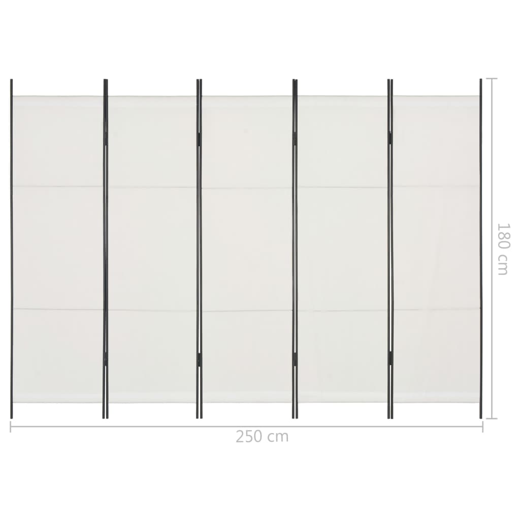 Параван за стая, 5 панела, бял, 250x180 см