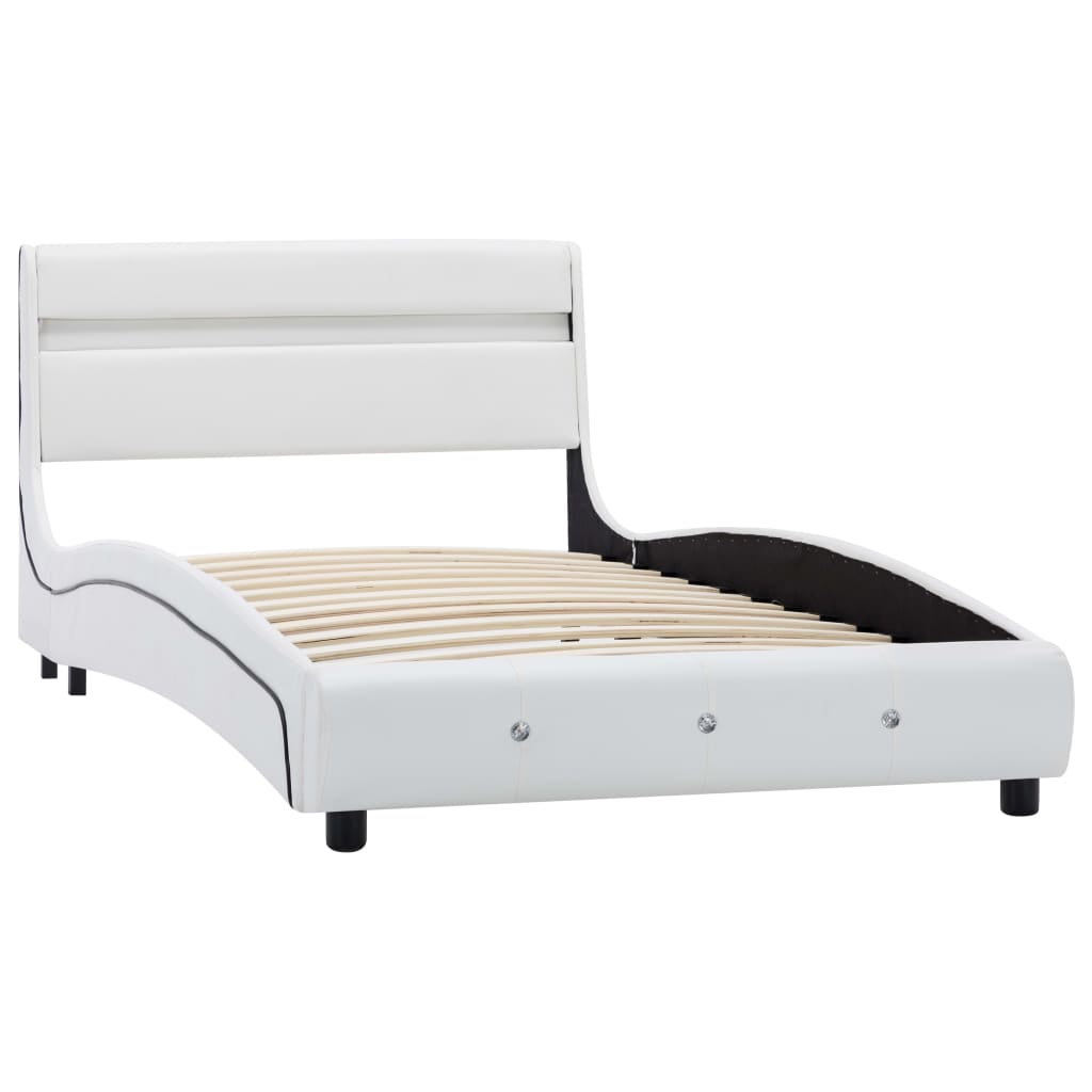 Рамка за легло с LED, бяла, изкуствена кожа, 90x200 cм