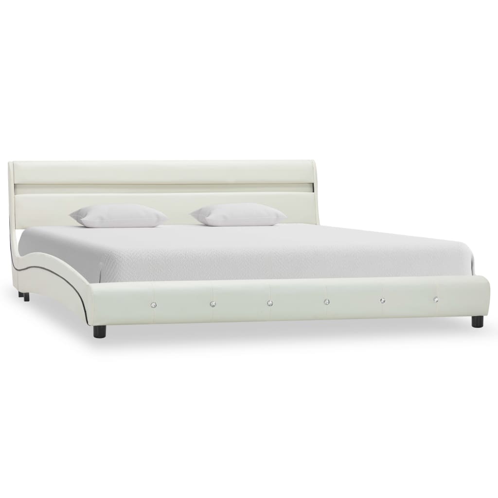 Рамка за легло с LED, бяла, изкуствена кожа, 160x200 cм