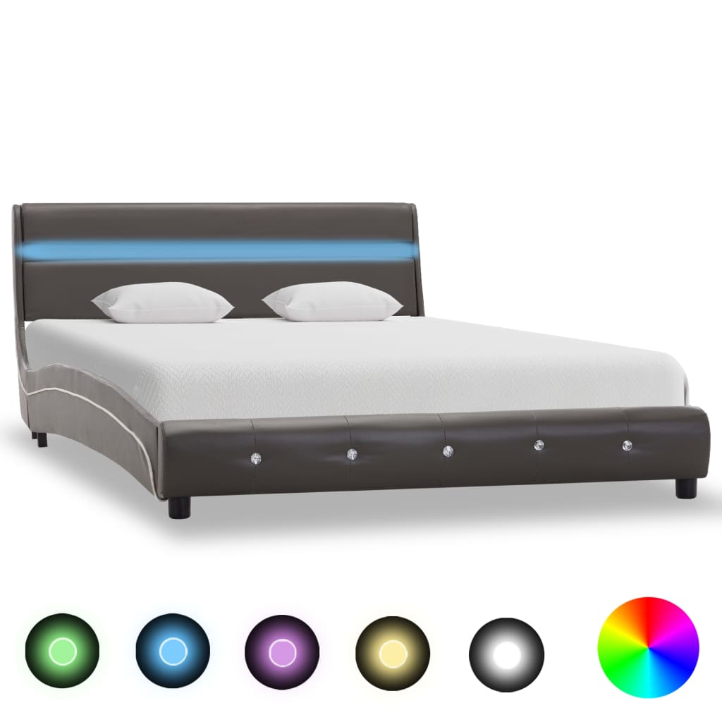 Рамка за легло с LED, сива, изкуствена кожа, 120x200 cм