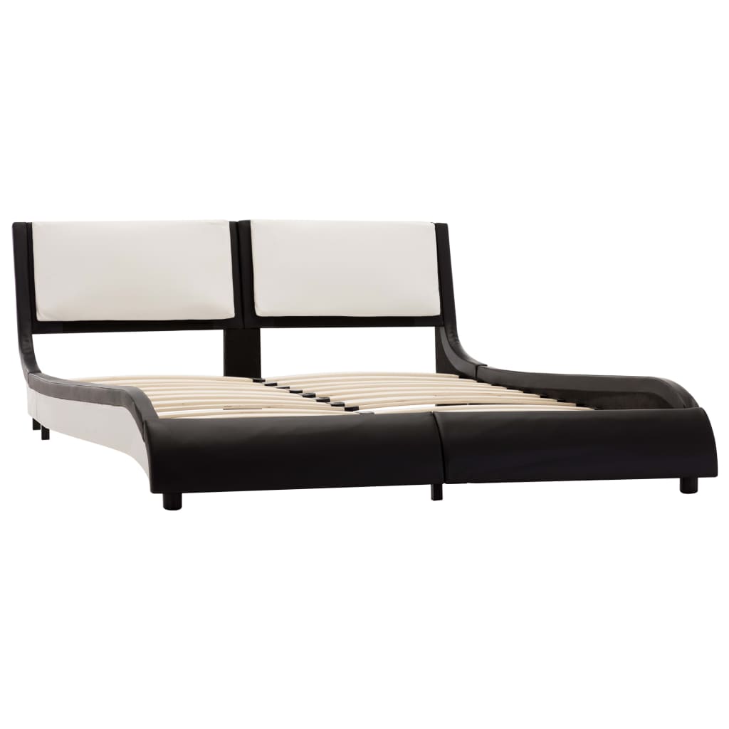 Рамка за легло с LED, черно и бяло, изкуствена кожа, 140x200 cм