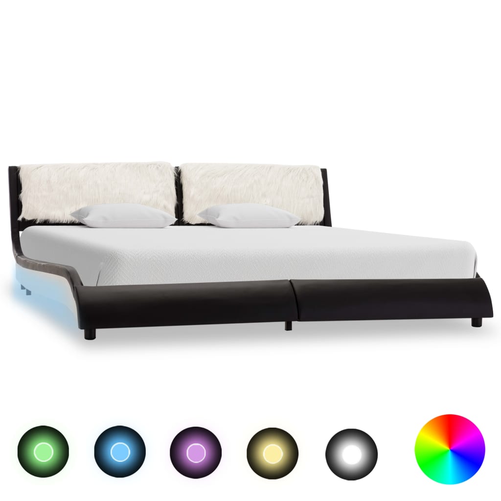 Рамка за легло с LED, черно и бяло, изкуствена кожа, 180x200 cм