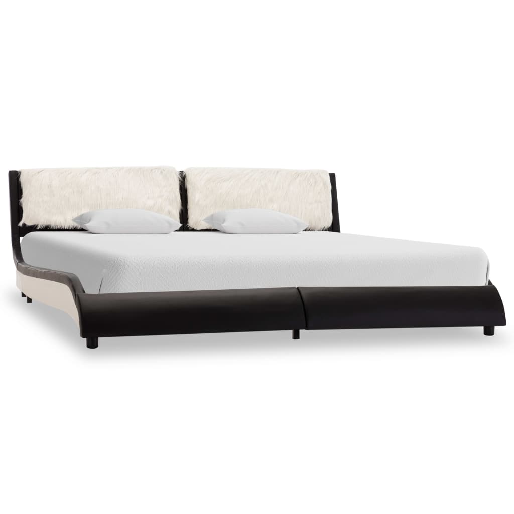 Рамка за легло с LED, черно и бяло, изкуствена кожа, 180x200 cм