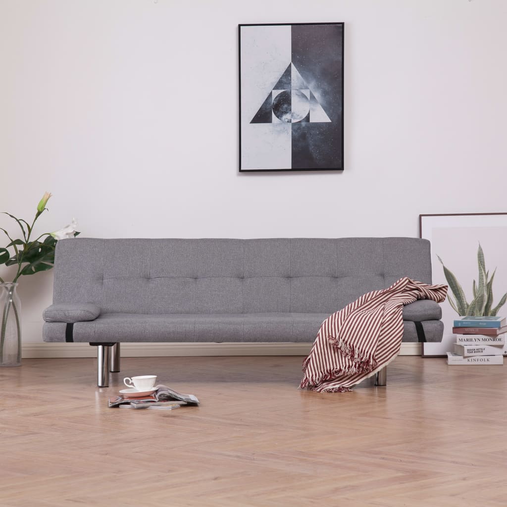 Разтегателен диван с две възглавници, светлосив, полиестер 