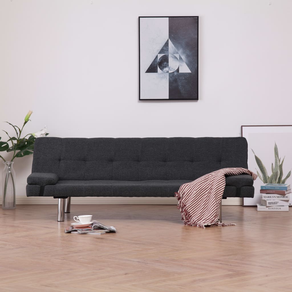 Разтегателен диван с две възглавници, тъмносив, полиестер 