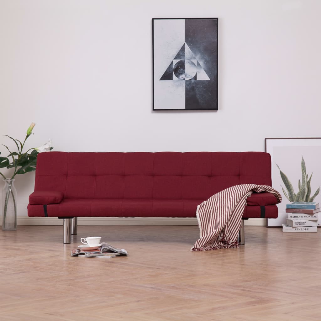 Разтегателен диван с две възглавници, виненочервен, полиестер