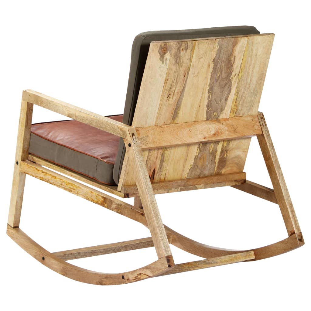 Люлеещ стол, кафяв, естествена кожа и мангово дърво масив
